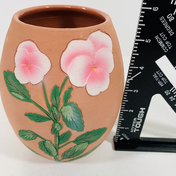 Terracotta Pottery Planter Handmade Etched Pink Pansies Pot Vase Artisans Signed - Picture 8 of 12
